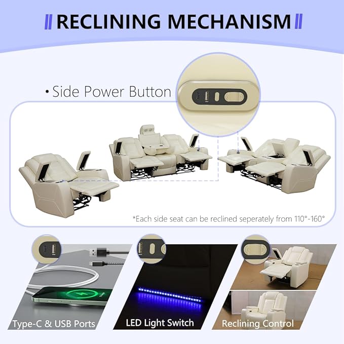 Power Recliner Sofa Set, Leather Reclining Couch & Chair Set, Living Room Furniture Sets, 3 Piece Living Room Furniture with Cup Holders/Storage/Charging for Home Theater/Office, Cream White