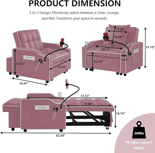 Convertible Sofa Bed, 3 in 1 Futon Sofa Bed with USB Charging Ports, Cup Holder, Phone Stand & Pocket, Modern Upholstered Sleeper Sofa for Living Room, Apartment or Small Space (Pink)