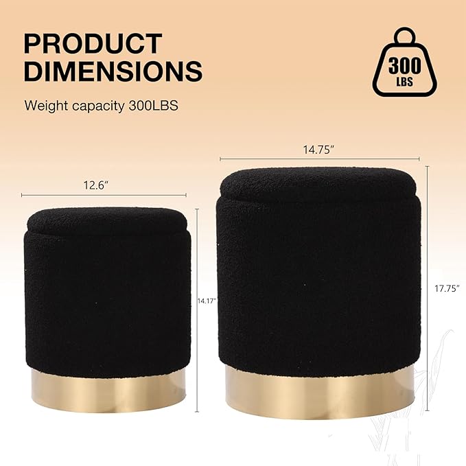 Sherpa Round Ottoman Set of 2 with Storage, 12 Gallon Hidden Storage Ottoman, Multi-Functional Footrest Stool, Vanity Seat, Coffee Table, No Assembly Required, Holds 300lbs (Teddy Black)