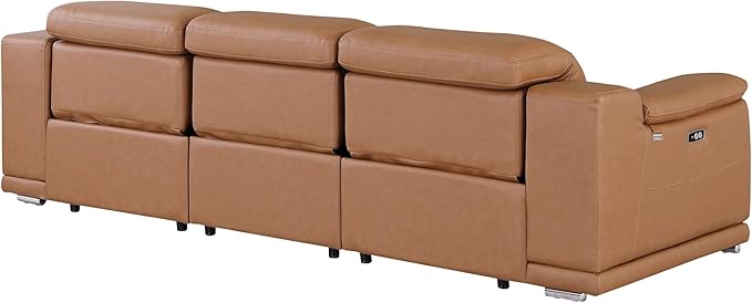 BlackJack Furniture Venice Top Grain Italian Leather Power Recline 3 Piece Sofa - 107" Theater Seating Modern Couch for Living Room Apartment Lounge Home with Adjustable Headrests & USB Port, Cognac