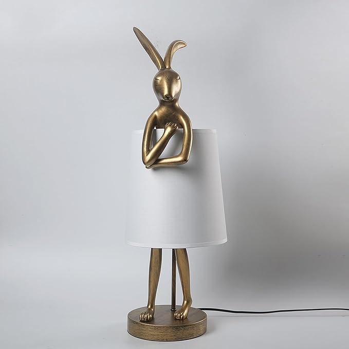 Bunny Table Lamp, Resin Animal Rabbit Lamp, LED Bunny Decor Lamp with Fabric Shade, H20in,Vintage-Style Component,Suitable for Office Bedside (White H20)