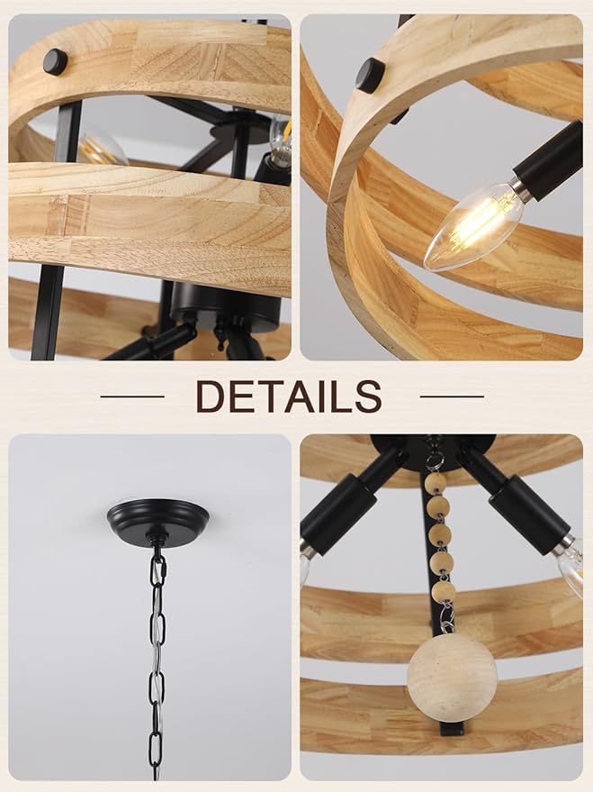 20" Farmhouse Chandelier with Light, 6-Light Rustic Drum Chandelier Over Table, Wood Dining Room Light Fixtures for Kitchen Island Living Room Entryway