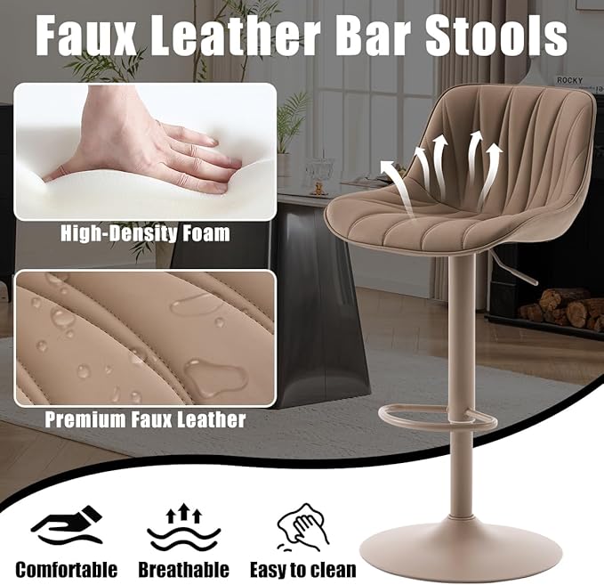 Kidol & Shellder Bar Stools Set of 2 Khaki Adjustable Swivel Counter Height Barstools Upholstered Modern PU Leather Bar Chairs Stools for Kitchen Island