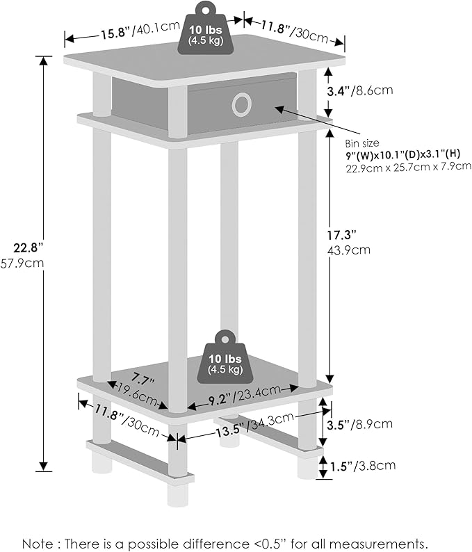 Furinno Turn-N-Tube Tall Nightstand with Bin, 2-Pack, Plastic Poles, Columbia Walnut/Black/Dark Brown