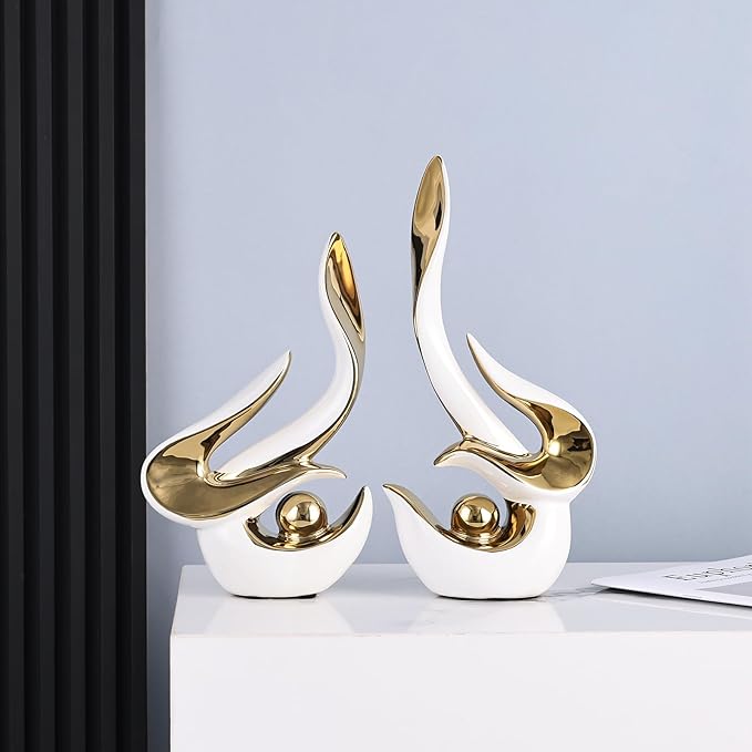 2PCS Abstract Ceramic Sculptures for Modern Decor, Sculptures Home Decor Accent, Abstract Art Figurines for Living Room Decorative Objects, Tabletop Centerpiece for Entryway,Shelf,TV Stand(White Gold)