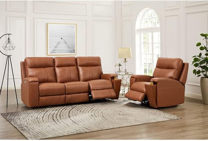 Hydeline Venice Zero Gravity Power Recline and Headrest Top Grain Leather Sofa and Recliner Set with Hidden Cup Holder, 86",Nutmeg Brown, Memory Foam, Pocket Coils and Control Panel