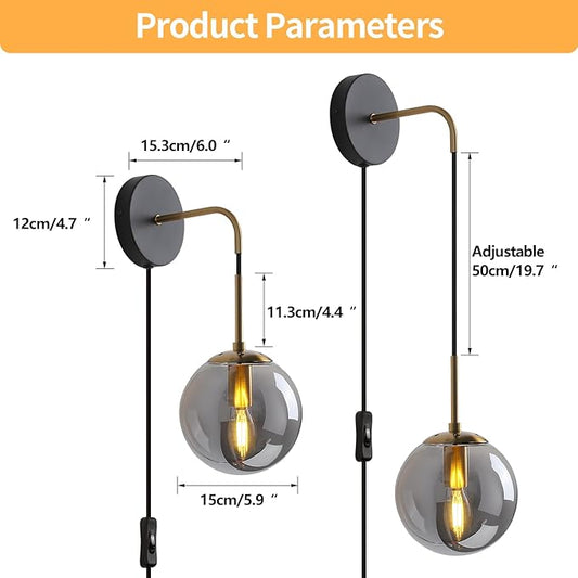 Wall Sconces Set of Two Black and Brass Gold Plug in Wall Sconces Set of 2 with Globe Smoke Grey Glass Shade Wall Lights Wall Lamps for Bedrooms Sconces Wall Decor Set of 2 with Plug in Cord