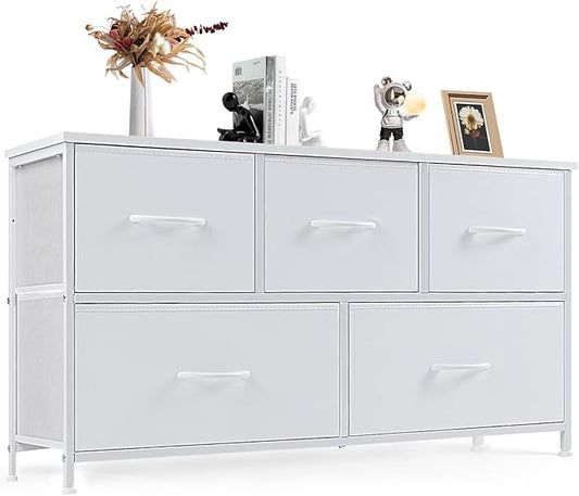 DUMOS Dresser for Bedroom, 5 Storage Drawers, Wide Fabric Closet Chests Organizer Tower Furniture with Wooden Top Metal Frame for Clothes, Guest Room, Living Room, Hallway, Entryway