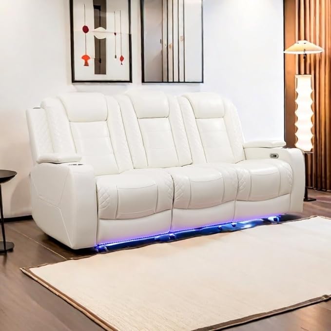 A Ainehome Power Leather Recliner Sofa Set with LED Lights, Recliner Sofa Sectional Couches for Living Room, Reclining Sofa and loveseat with USB Port/Storage Console(Creamy White,Sofa)