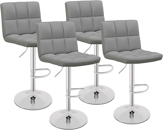 COSTWAY Adjustable Bar Stools Set of 4, Modern Swivel PU Leather Bar Chair with Backrest, Soft Cushioned Seat, Footrest, Sturdy Metal Frame, Comfortable Barstools for Kitchen Island, Pub, Grey