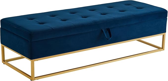 Ball & Cast 58.6" Velvet Storage Ottoman Bench, End of Bed Bench with Safety Hinge and Golden Metal Legs,Morden Entryway Bench,Foot Stool with Button Tufted Cushion for Bedroom,Living Room,Navy Blue