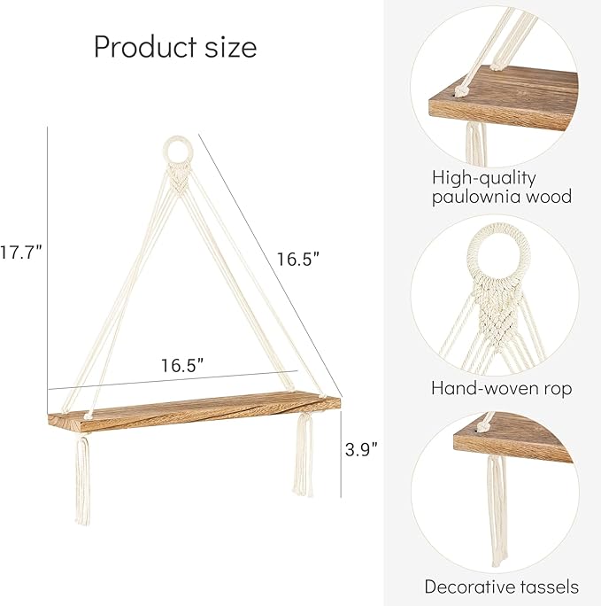Dahey Macrame Hanging Shelf Boho Wall Decor Bedroom 2 Packs Rustic Wood Floating Shelves for Room Nursery Bathroom Living Room College Dorm Storage for Hanging Plants Photos, White