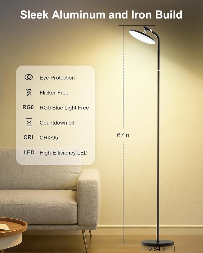 LED Floor Lamp, 32W Super Bright Standing Lamp with Remote Control, Modern Dimmable 69" Torchiere Tall Lamp, 350°Rotating Head Reading Floor Lamp for Living Room, Bedroom, Office, Black