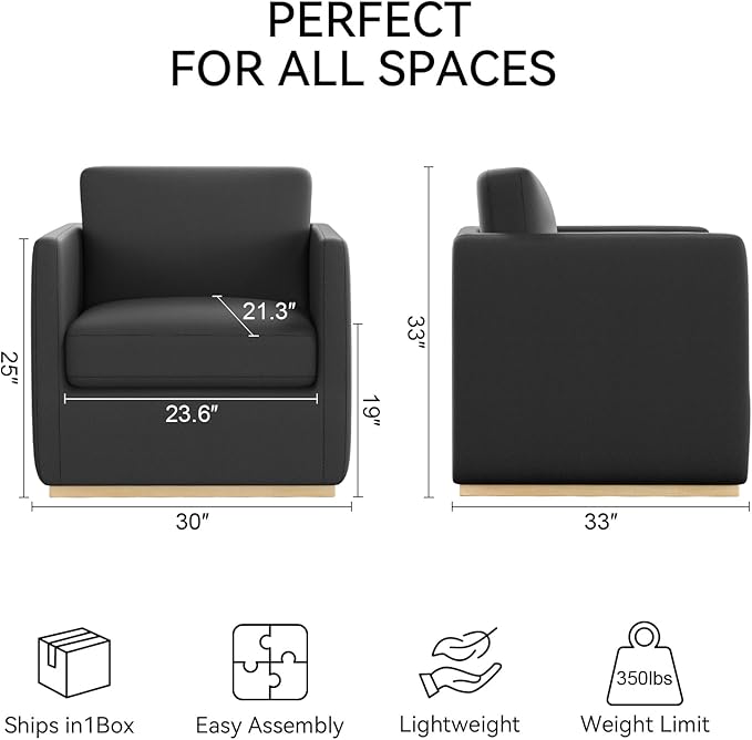 Sunny Heart Swivel Accent Chair, Velvet Swivel Barrel Chair,Club Chair with Wood Base, Modern Upholstered Armchair, Cozy Chairs for Living Room, Bedroom, Reading, Leather-Black