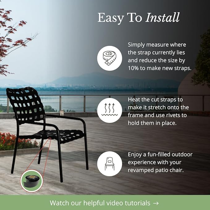 1.5" Wide x 20' Roll Vinyl Strap for Patio Chairs, Lawn Furniture, and Deck Chairs, Make Your Own Replacement Straps, Plus 20 Free Fasteners, (Black)