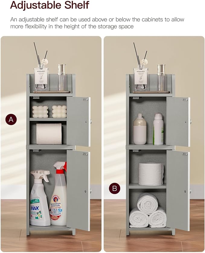 TEENFON Small Bathroom Storage Cabinet, Storage Cabinet with Doors and Adjustable Shelves, Corner Bathroom Cabinet, Narrow Cabinets for Small Spaces, Grey