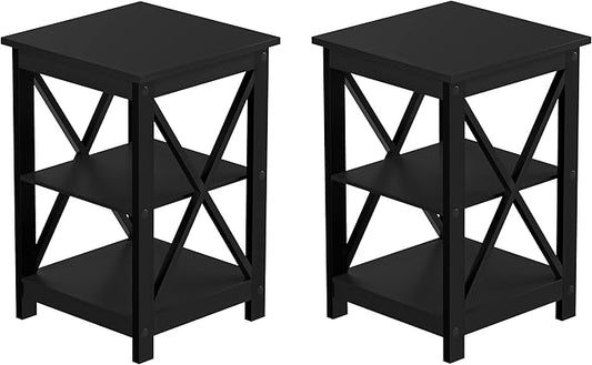 Lavish Home Side Tables with Two Shelves – Set of 2 Contemporary Nightstands with X-Legs – Wooden End Table Pair for Living Room or Bedroom (Black)