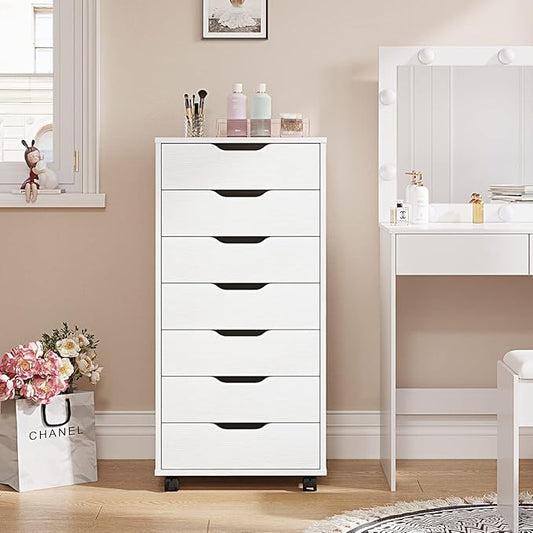 Panana 5/7 Drawer Chest, Wooden Tall Dresser Storage Dresser Cabinet with Wheels, Office Organization and Storage, Bedroom Furniture (White, 7 Drawer)