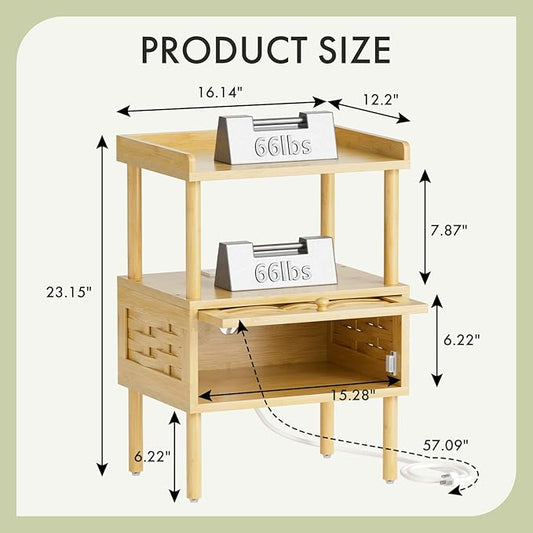 Amazer Bamboo Nightstand with Charging Station, Bedside Table with USB Ports & Outlets, End Table, Night Stand for Bedroom Lift-Up Drawer & Open Shelf, Natural Color