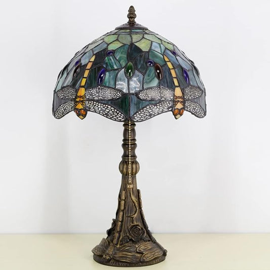 Tiffany Table Lamp Stained Glass Lamp 12X12X19 Inch Antique Reading Light (Amber Yellow Dragonfly)
