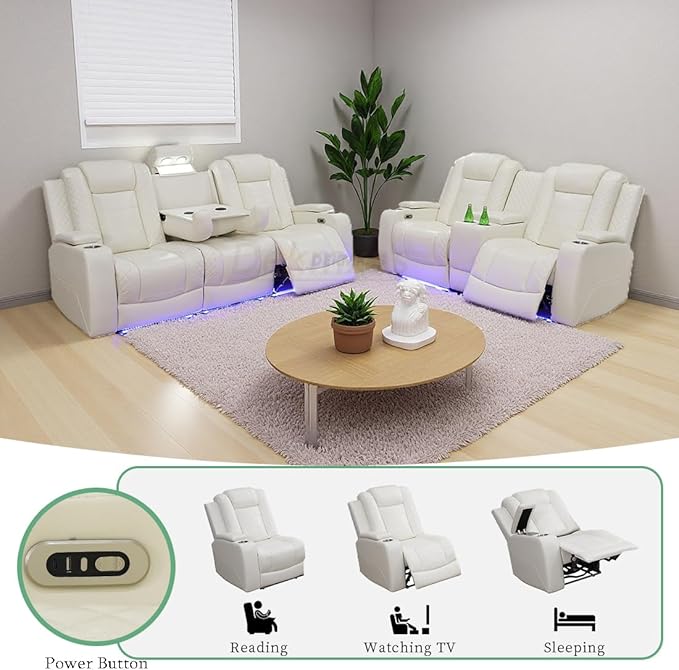 2 PCS Living Room Furniture Set with LED Lights, Power Recliner Sofa Set, Creamy White Breathing Leather Power Reclining Sofa Couches with Charging Ports/Storage/Cup Holders for Home Theater/Office