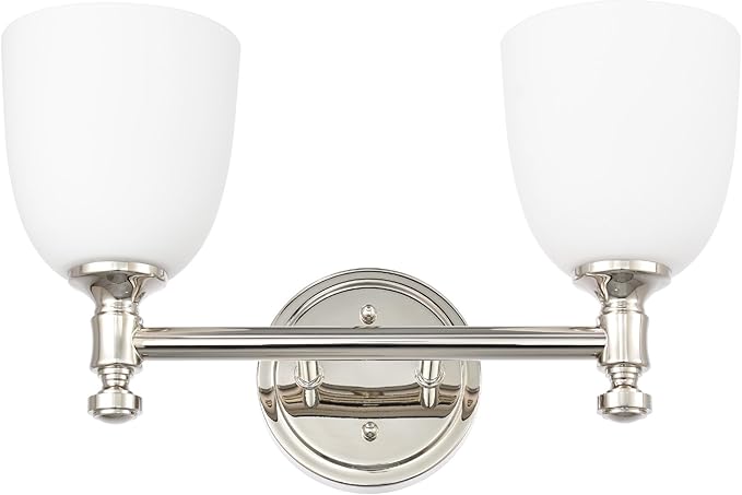 Bathroom Vanity Light, 2-Light Bathroom Light Fixtures Over Mirror, Traditional Vanity Lights for Living Room, Milk White Bell Glass Shades, Standard E26 Base, Polished Nickel
