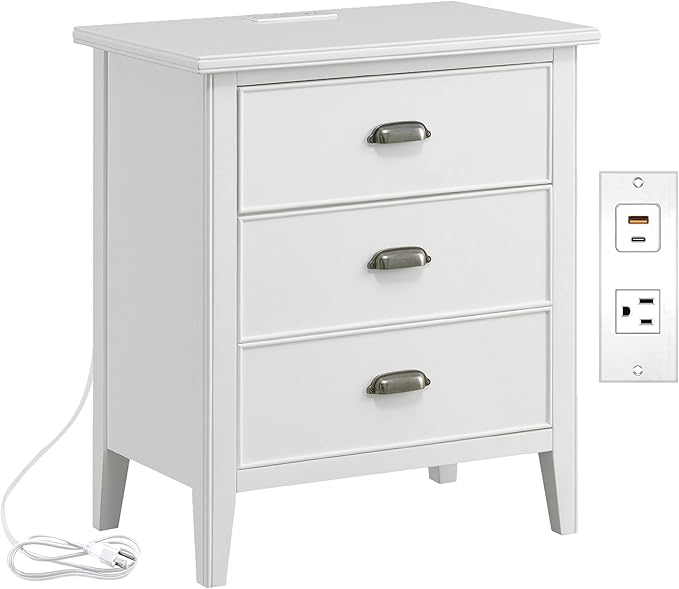 Leick Home Laurent Nightstand, Solid Wood, with USB-C Charging, with 1 Drawer and 1 Door, Orchid White, 10522-WT