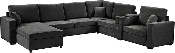 Merax Modern 134" Oversized Sectional Sofa with Piollows & Chaise Lounge, Chenille U‑Shaped Couch Set Sleeper Bed Built‑in Cup Holders, Storage Drawer for Living Room, Free Combination Black