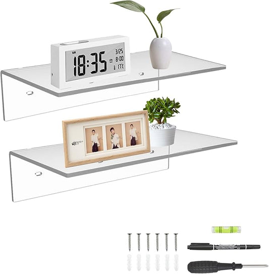 12 Inches Acrylic Wall Shelves 2 Pack, Floating Shelf for Wall Mounting, Acrylic Display Ledges for Funko Pop Figures, Home Décor, Living Room, Gaming Room, Plants(12 inch, Clear)