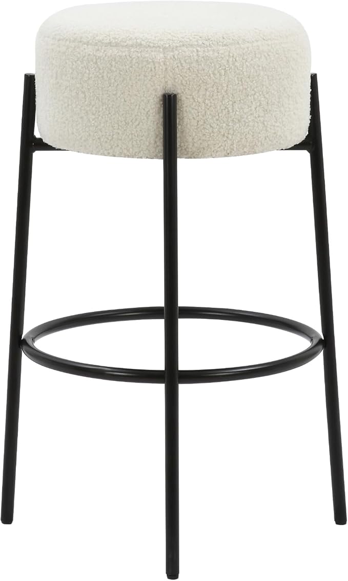 Nathan James Isaac 29" Modern Backless Bar Stool with Round Soft Padded Boucle Seat and Metal Mid-Century Base, Boucle White/Black