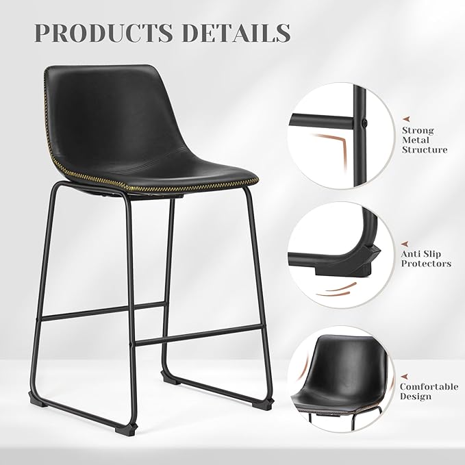 Sweetcrispy Counter Height Bar Stools Set of 4, 30 inch Leather Barstools Modern Bar Stools with Back, Counter Stool Armless Bar Chairs with Metal Legs, Footrest, Classic Black
