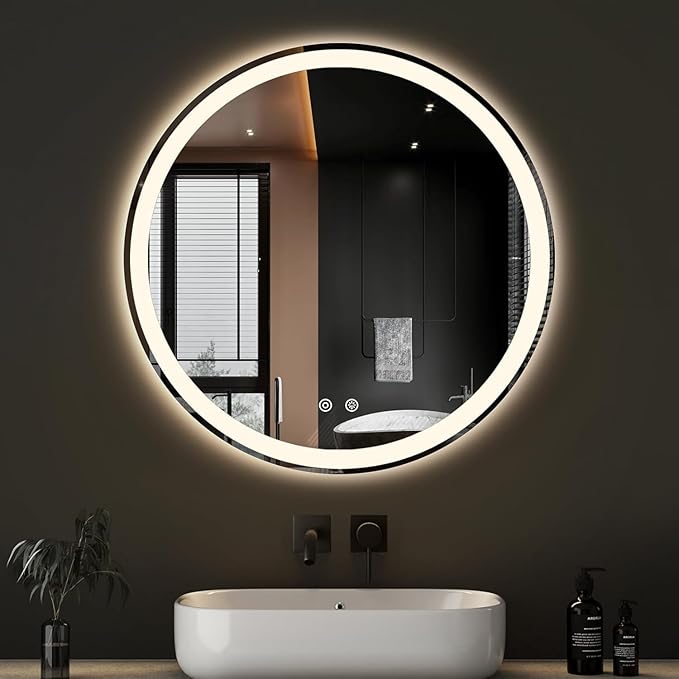 Simple Deluxe Round LED Bathroom Mirror with Lights, Smart Anti-Fog LED Bathroom Mirror with Circular Dual Lights and 3-Color Temperature Memory dimming (30inch)