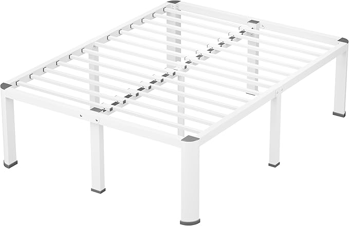 18 Inch White Full Heavy Duty 3500 lbs Bed Frame with Round-Corner Legs & Anti-Squeak Design – Quick Assembly Metal Platform, No Box Spring Needed