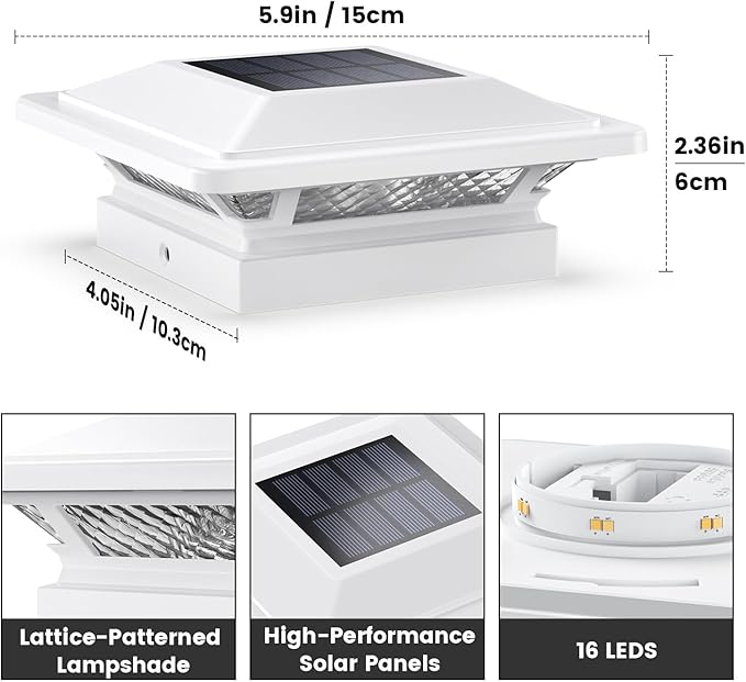 SIEDiNLAR Solar Post Cap Lights 16 LEDs 2 Modes 3.5x3.5 4x4 Vinyl Wooden Post Light Waterproof Outdoor for Fence Deck Patio Garden Decor, Warm/Cool White (2 Pack, White)