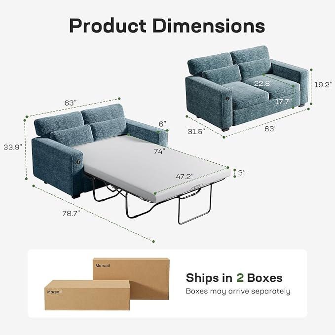 Marsail Pull Out Sofa Bed, Queen Size Sleeper Sofa with Memory Foam Mattress, 2 USB Charging and Removable Covers, Loveseat for Living Room, Apartment, Supports 600 LBS, Chenille Fabric, Blue