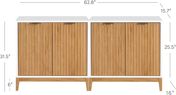 Nathan James Jasper Modern Sideboard, TV Stand with Fluted Doors, Accent Storage for Kitchen or Living Room, White/Warm Pine, Set of 2