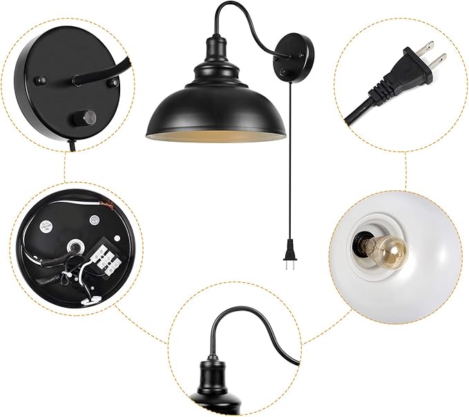 Gooseneck Wall Lamp Black Industrial Vintage Farmhouse Wall Sconces Lighting Wall Light Fixture with Plug in Cord and On Off Switch for Bedroom Nightstand