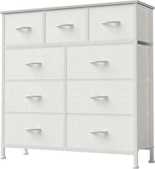 DUMOS Dresser for Bedroom, Storage Organizer with 9 Drawers, Chest of Drawers with Fabric Bins, Sturdy Metal Frame, Wood Tabletop for Guest Room, Closet, Entryway, White