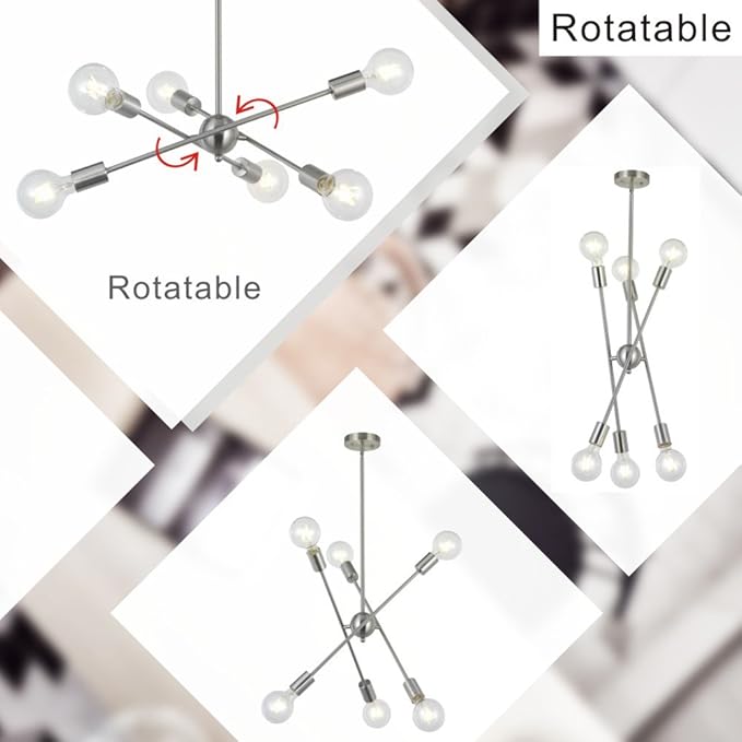 BONLICHT Sputnik Chandelier 6 Lights Modern Pendant Lighting Brushed Nickel Mid Century Flush Mount Ceiling Light Fixture by UL Listed