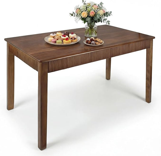 55" Solid Wood Dining Room Table for 4-6,Modern Farmhouse Rectangular Kitchen Real Wooden Table,Mid Century Fluted Design Large Furniture Desk for Home,Apartment,Living Room Walnut