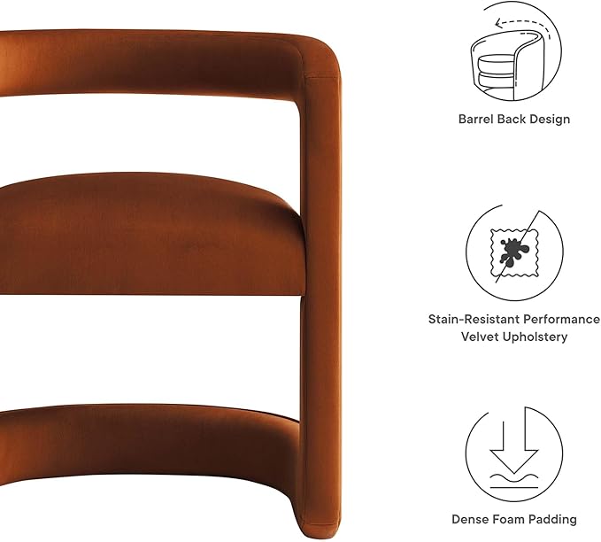 Modway Winslow Stain-Resistant Performance Velvet Dining Chair in Rust - Open Back Barrel Armchair - Upholstered Dining Chair - Cozy Reading Chair or Velvet Vanity Chair