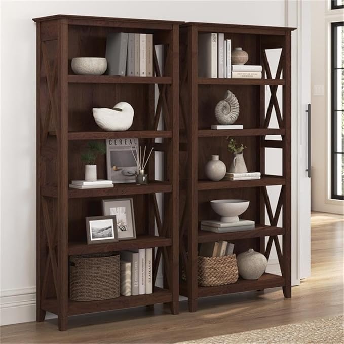 Bush Home Key West 5 Shelf Bookcase - Set of 2 | Tall Bookshelves in Bing Cherry | Sturdy Display Shelves for Library, Living Room, and Home Office