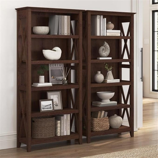 Bush Home Key West 5 Shelf Bookcase - Set of 2 | Tall Bookshelves in Bing Cherry | Sturdy Display Shelves for Library, Living Room, and Home Office