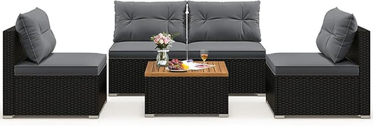 Tangkula 5 Piece Rattan Sofa Set, Outdoor Wicker Furniture Set w/Seat & Back Cushions, Square Coffee Table, Patio Sofa Set for Backyard, Poolside (Grey)