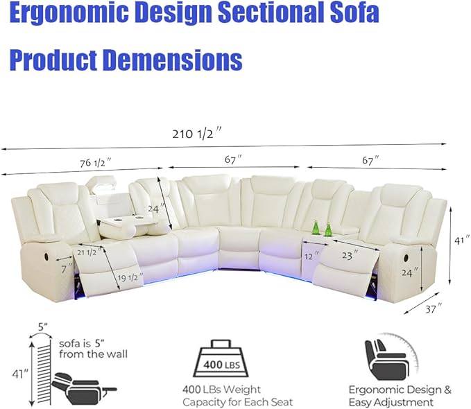 Power Recliner Sectional Sofa with LED for Living Room, Power Sectional Sofa with Chair Vanilla White, Reclining Corner Couch Set with Read Lights, USB Charging, Cup Holders for Home/Office