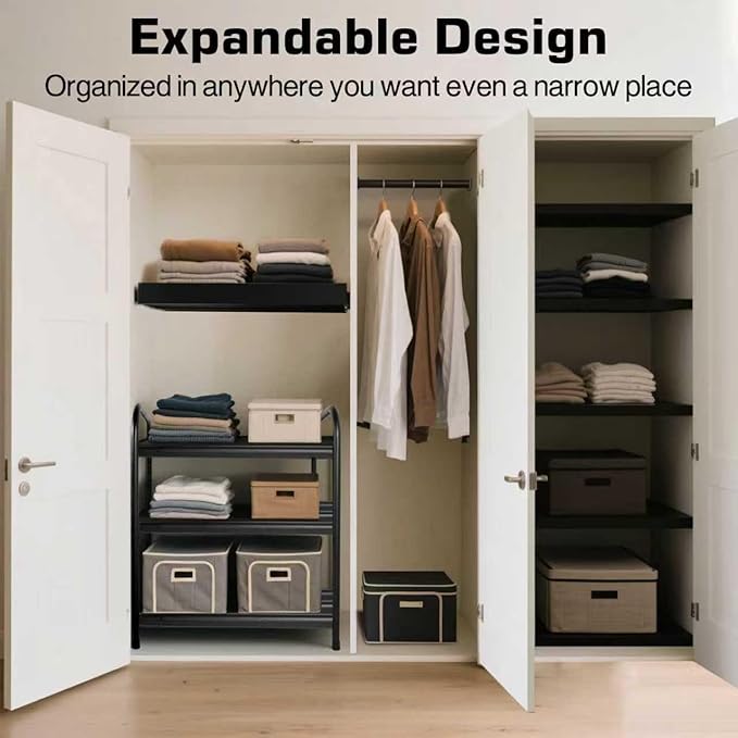 HESPULA 3-Tier Shoe Rack，Stainless Steel Shoe Organizer Storage Shelf，No Tools Required Hand-Tightened Screws，Space Saving for Entryway，Closet，Garage (Black)