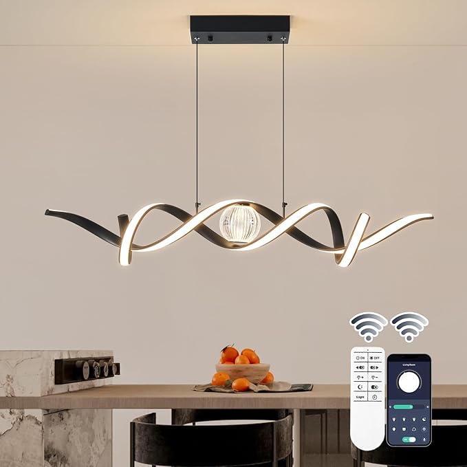 Modern LED Pendant Lights, Dimmable 39'' Spiral Wave LED Chandelier Lighting, Linear Swivel Black Dining Room Hanging Light Fixtures Kitchen Island Pendant Light for Dining Table (2340lm)