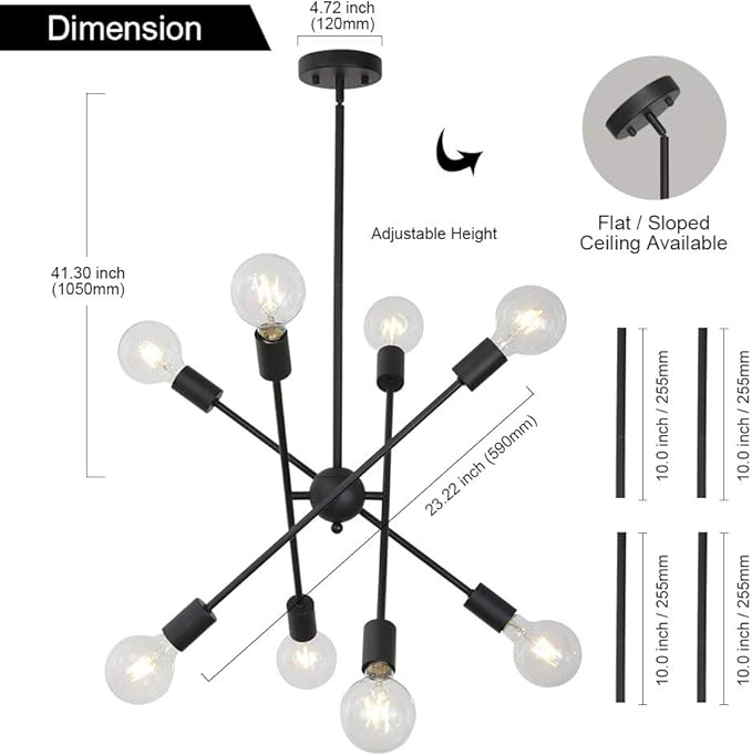 BONLICHT Black Sputnik Chandeliers 8 Light Vintage Industrial Semi Flush Mount Ceiling Light Mid Century Modern Pendant Lighting for Kitchen Dining Room Foyer Hallway