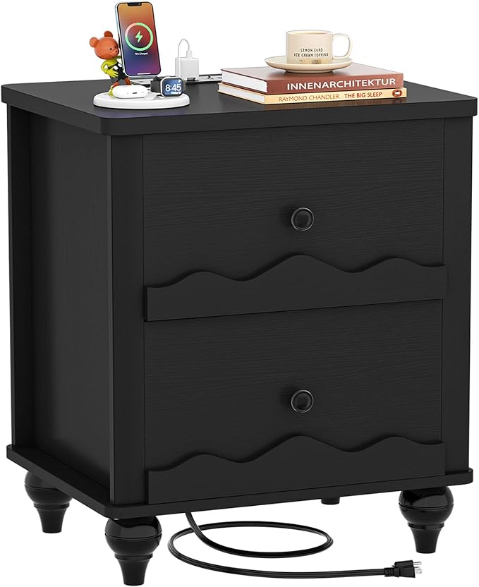 Cyclysio Black Nightstand with Charging Station, Scalloped Bedside Table with 2 Smooth Drawers, Modern End Table with Solid Wood Legs for Bedroom and Small Spaces