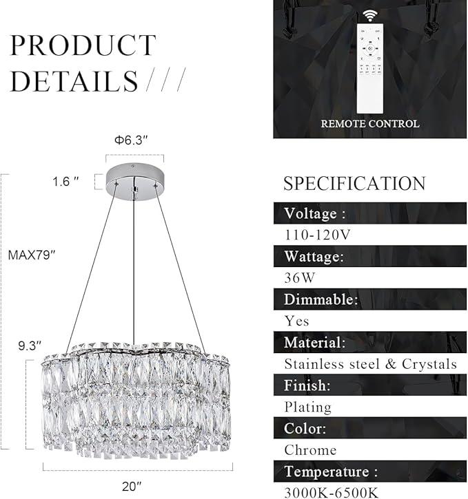 LED Crystal Chandelier with Remote Control 20’’ Luxury Modern Chrome Chandeliers Light Fixture Dimmable for Dining Room Bedroom Kitchen Foyer Entryway 3000-6500K